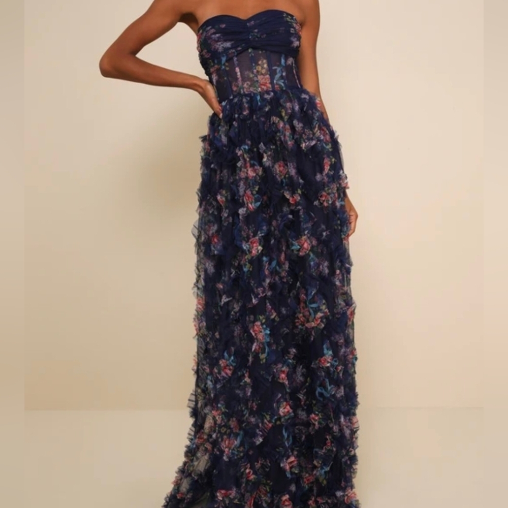 Lulu's Multicolor Floral Strapless Ruffle Gown Dress